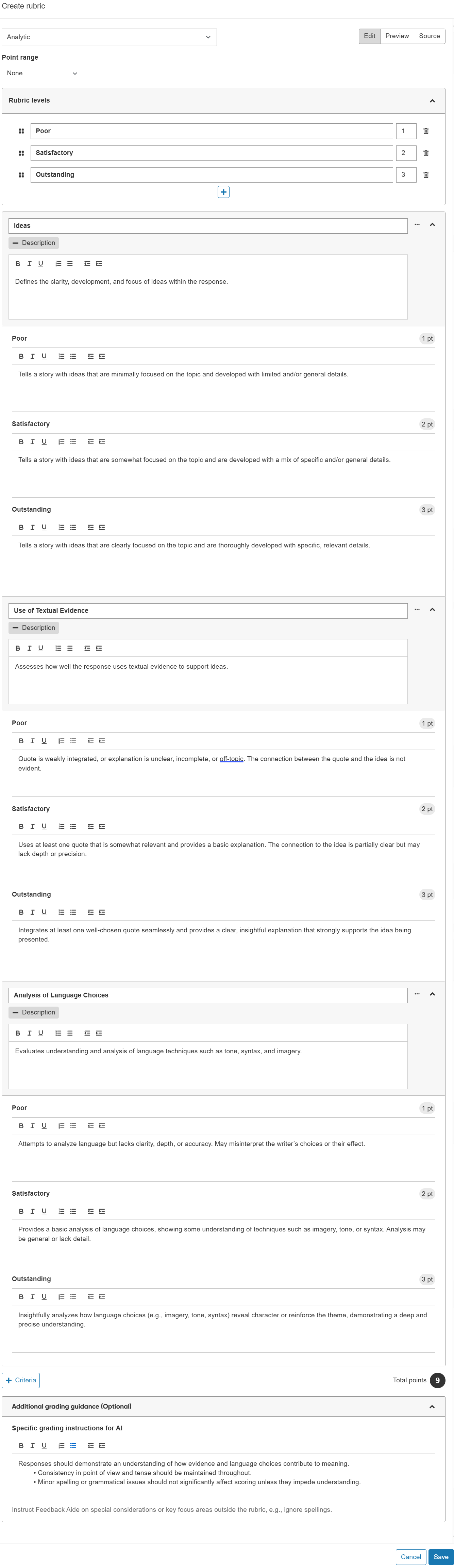 Analytic rubric with three criteria, three levels, and discrete points.png