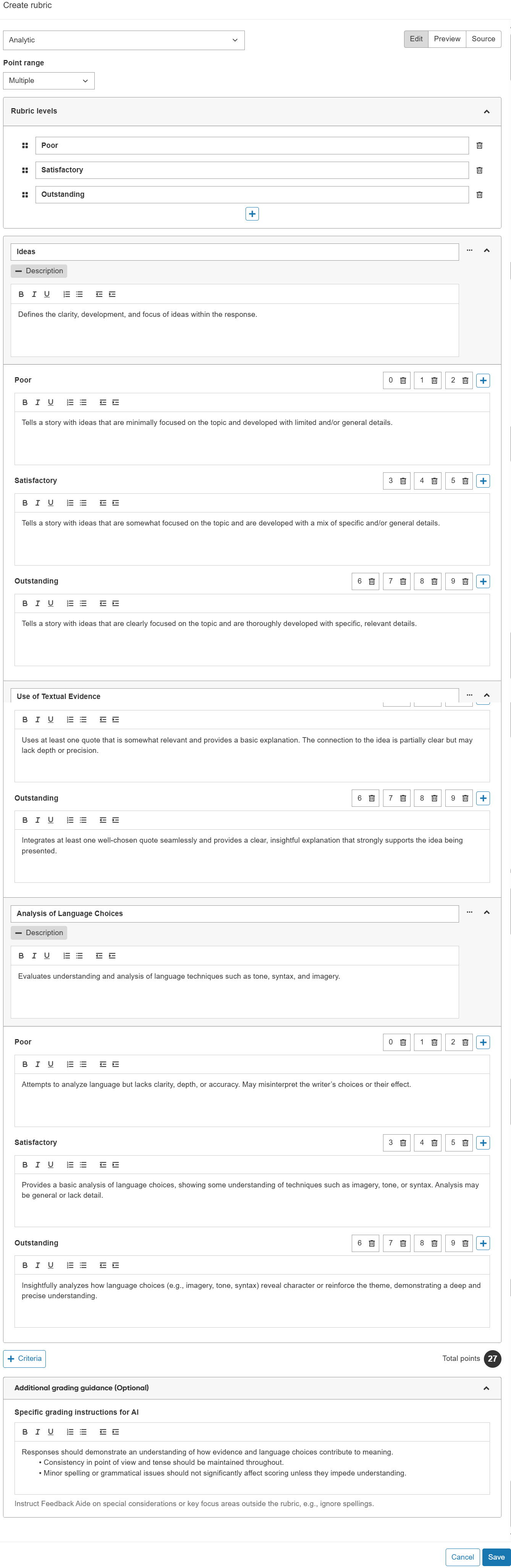 Analytic rubric with three criteria, three levels, and multiple point ranges.png
