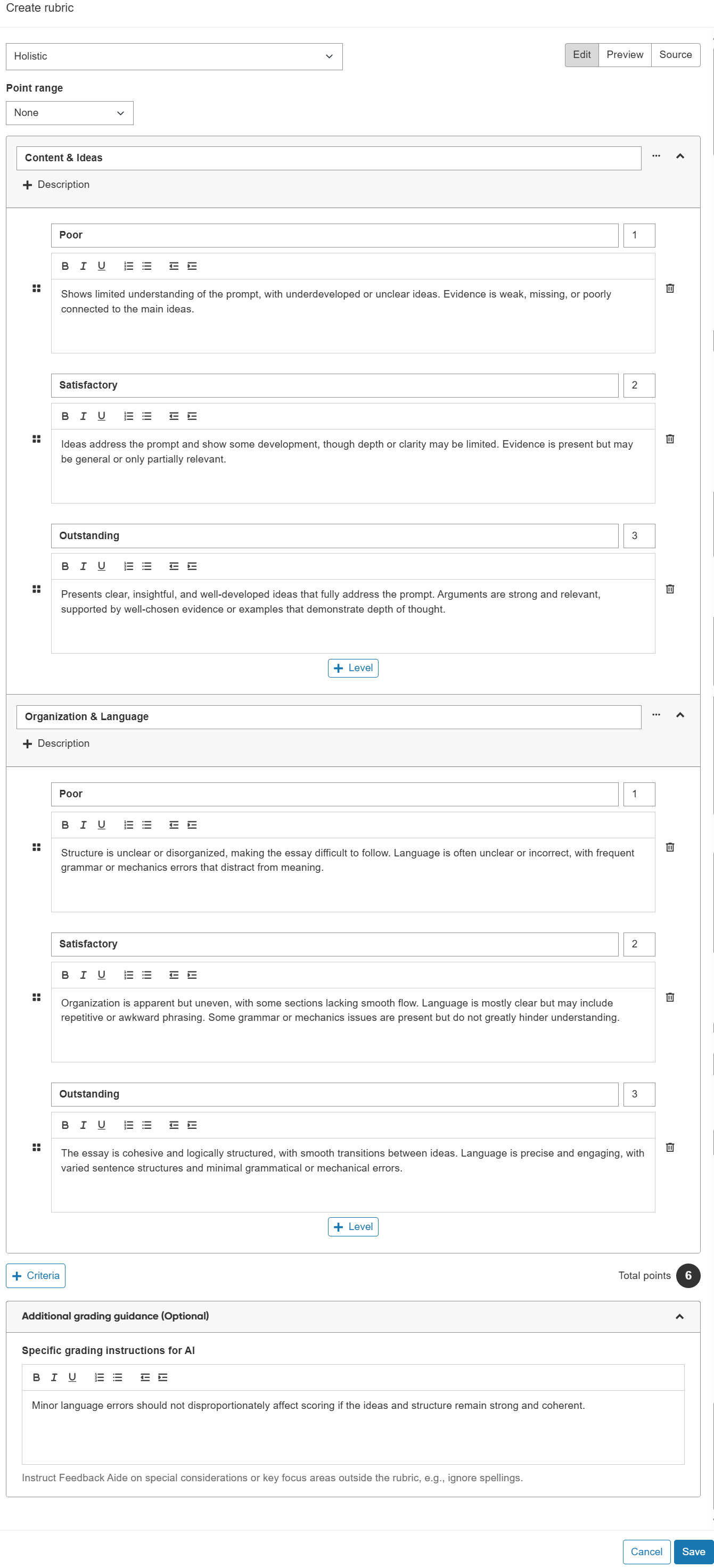 Holistic rubric with point range set to None.png